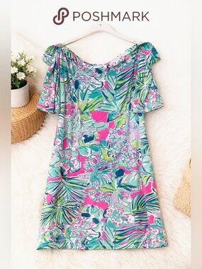 Lilly Pulitzer Off Shoulder Dress M Pink Green Tropical Marah Morah